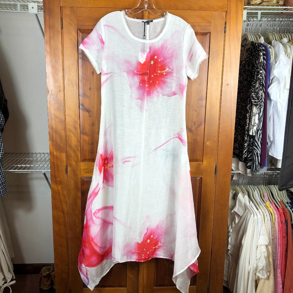 LIFVER Silk & Linen Coastal Floral Asymmetrical Artsy Beachy Boho Dress/Coverup